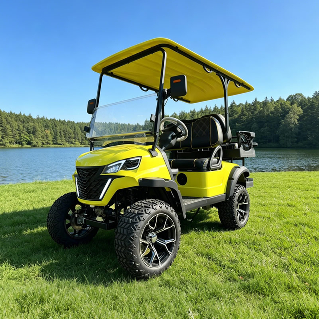 Carro de golf eléctrico amarillo de 4 plazas con estante de carga | Vehículo turístico todoterreno para lugares panorámicos y centros turísticos - EG202DKSZ